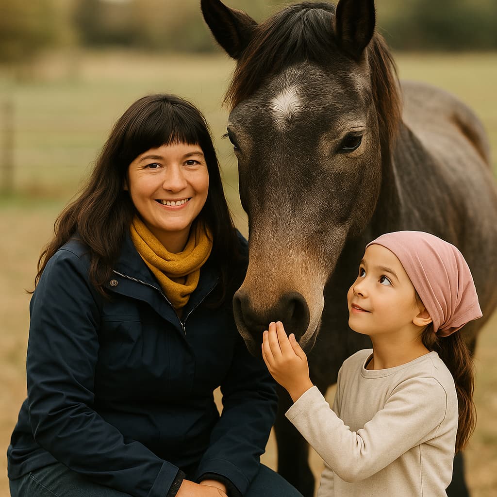 Frau und Kind mit Pferd – Reitschule in Tanger mit Fokus auf Tierwohl und pädagogischem Reitunterricht.