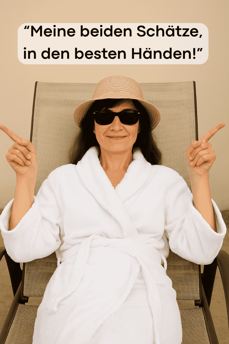 Frau um die 40 liegt entspannt auf einer Sonnenliege mit Bademantel und Strohhut, deutet lächelnd nach rechts und links – Symbol für Familie und Ausgeglichenheit bei der Taziri Kids Riding School in Tanger.