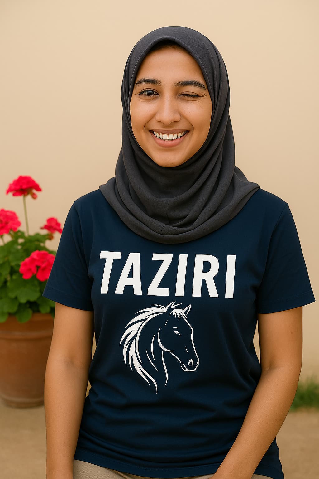 Amina von der Taziri Kids Riding School in Tanger lächelt in einem blauen T-Shirt mit Pferdelogo, Symbol für pferdefreundlichen Reitunterricht für Kinder.