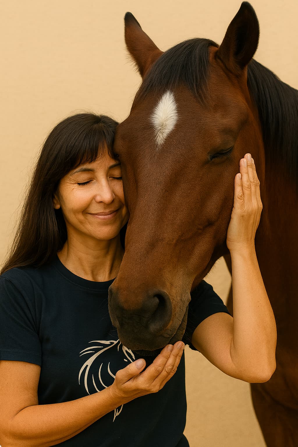 Frau der Taziri Kids Riding School Tanger steht liebevoll mit ihrem Pferd, beide schließen die Augen in einem Moment voller Vertrauen und Achtsamkeit.